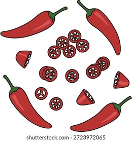 Red Chili Pfeffer Vektor Illustration Set mit ganzen und geschnittenen Stücken