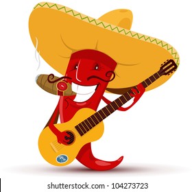 Red chili pepper which playing guitar and smoking cigar