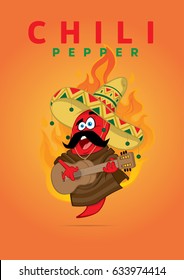 Red chili pepper which playing guitar character 