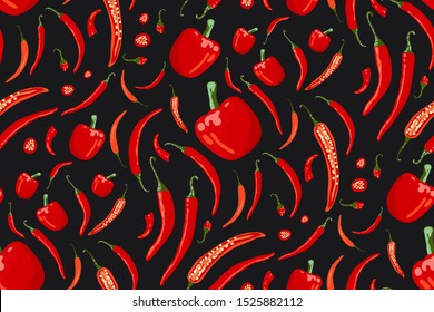 Red chili peppers and bell peppers on dark background. Hot spices seamless pattern. Stylish print in contrasting colors. Mexican cuisine. Hand drawing vector illustration.