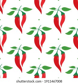 Red chili peppers branches with leaves vector seamless pattern background.