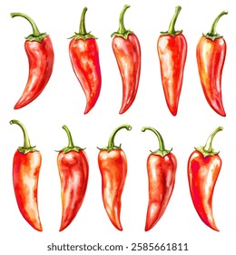 Red chili peppers collection vibrant vector illustration. Red pappers isolated on white background. Watercolor style hot spices with green stems.