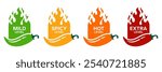 Red Chili Peppers Fire Flames icon. Chili mild level, spicy level, hot level, extra level Label. Hot Spicy green, yellow, orange icons. Logo Spicy. Extra chilli badge. Hand drawn. Vector illustration.