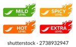 Red Chili Peppers Fire Flames icon. Chili mild level, spicy level, hot level, extra level Label. Hot Spicy green, yellow, orange icons. Logo Spicy. Extra chilli badge. Hot banner. Vector illustration.