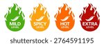 Red Chili Peppers Fire Flames icon. Chili mild level, spicy level, hot level, extra level Label. Hot Spicy green, yellow, orange icons. Logo Spicy. Extra chilli badge. Hand drawn. Vector illustration.