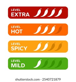 Red Chili Peppers Fire Flames icon. Chili mild level, spicy level, hot level, extra level Label. Hot Spicy green, yellow, orange icons. Logo Spicy. Extra chilli badge. Hand drawn. Vector illustration.