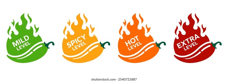 Ícone do Red Chili Peppers Fire Flames Chilli nível suave, nível picante, nível quente, nível extra Rótulo. Hot Spicy verde, amarelo, ícones laranja. Logo Spicy. Crachá extra. Mão desenhada. Ilustração vetorial.