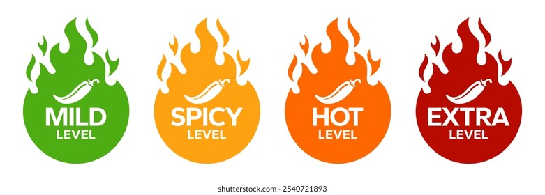 Red Chili Peppers Fire Flames icon. Chili mild level, spicy level, hot level, extra level Label. Hot Spicy green, yellow, orange icons. Logo Spicy. Extra chilli badge. Hand drawn. Vector illustration.