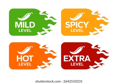 Ícone do Red Chili Peppers Fire Flames Chilli nível suave, nível picante, nível quente, nível extra Rótulo. Hot Spicy verde, amarelo, ícones laranja. Logo Spicy. Crachá extra. Mão desenhada. Ilustração vetorial.