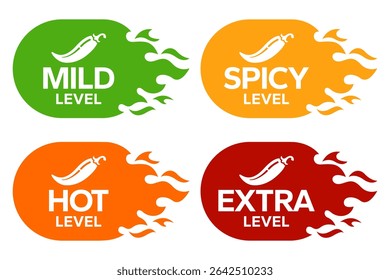 Ícone do Red Chili Peppers Fire Flames Chilli nível suave, nível picante, nível quente, nível extra Rótulo. Hot Spicy verde, amarelo, ícones laranja. Logo Spicy. Crachá extra. Mão desenhada. Ilustração vetorial.