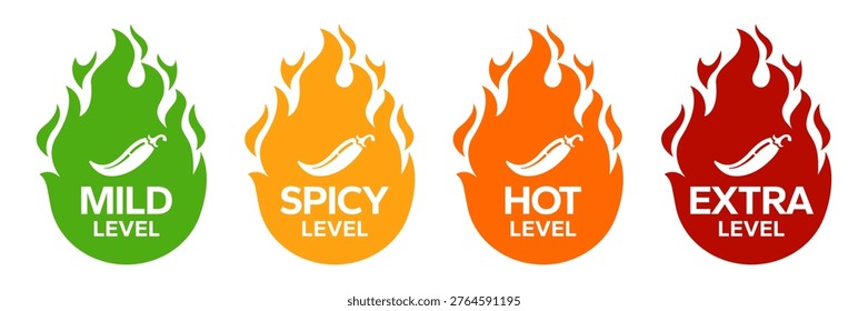 Red Chili Peppers Fire Flames icon. Chili mild level, spicy level, hot level, extra level Label. Hot Spicy green, yellow, orange icons. Logo Spicy. Extra chilli badge. Hand drawn. Vector illustration.