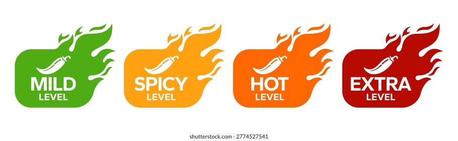 Red Chili Peppers Fire Flames icon. Chili mild level, spicy level, hot level, extra level Label. Hot Spicy green, yellow, orange icons. Logo Spicy. Extra chilli badge. Hand drawn. Vector illustration.