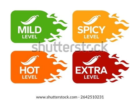 Red Chili Peppers Fire Flames icon. Chili mild level, spicy level, hot level, extra level Label. Hot Spicy green, yellow, orange icons. Logo Spicy. Extra chilli badge. Hand drawn. Vector illustration.