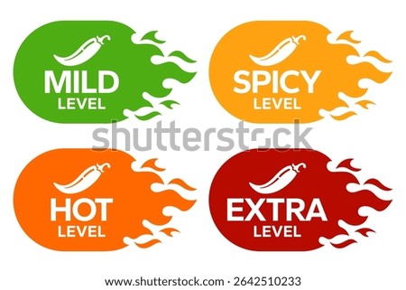 Red Chili Peppers Fire Flames icon. Chili mild level, spicy level, hot level, extra level Label. Hot Spicy green, yellow, orange icons. Logo Spicy. Extra chilli badge. Hand drawn. Vector illustration.