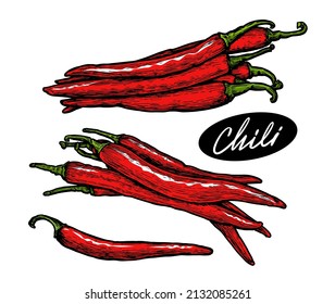 Red chili peppers with green stems. Spices food vector illustration