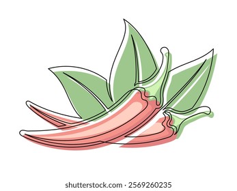 Red chili peppers with leaves line isolated on white background. Simple vegetable silhouette. Hand drawn chili peppers outline. Vector illustration