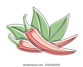 Red chili peppers with leaves line isolated on white background. Simple vegetable silhouette. Hand drawn chili peppers outline. Vector illustration