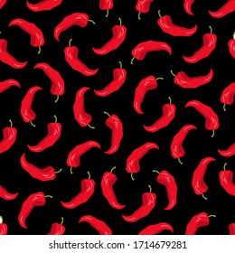 Red chili peppers on the black background. Seamless pattern. Vector illustration in the cartoon style.