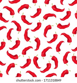 Red chili peppers on the white background. Seamless pattern. Vector illustration in the cartoon style.