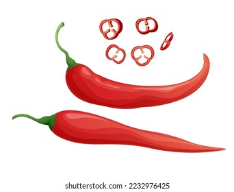 Red chili peppers on a white background.Traditional Mexican food. A spicy and tasty vegetable. Cartoon vector illustration