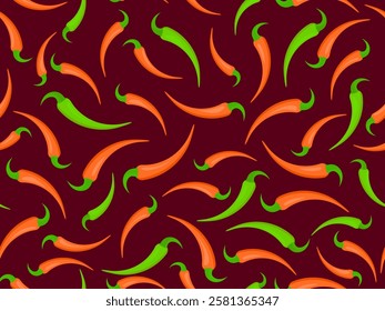 Red chili peppers seamless pattern. Hot chili pepper. Spicy spice for dishes. Design for wrappers, wallpapers, covers, banners and posters. Vector illustration