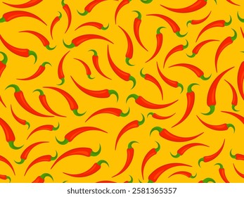 Red chili peppers seamless pattern. Hot chili pepper. Spicy spice for dishes. Design for wrappers, wallpapers, covers, banners and posters. Vector illustration