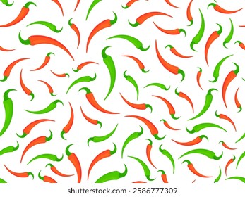 Red chili peppers seamless pattern. Hot chili pepper. Spicy spice for dishes. Design for wrappers, wallpapers, covers, banners and posters. Vector illustration