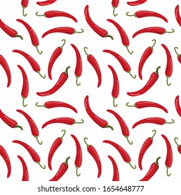 Red chili peppers, seamless texture on a white background. For printing as an emblem on kitchen utensils, packaging, fabrics, tablecloths