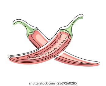 Red chili peppers in section line isolated on white background. Simple silhouette of vegetable. Hand drawn сhili peppers outline. Vector illustration