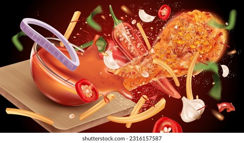 Salsa de chile rojo y pollo frito picante sobre plato de madera salpicado con fondo de color sólido, Vector realista en ilustración 3D.