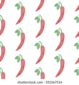 Red chili. Seamless pattern with spiral red chili peppers. Vector vegetable illustration - swatch inside
