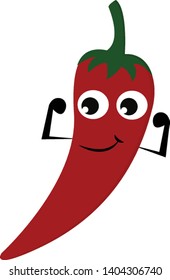 A red chili with a smiling face; with big eyes, with two arms; with green stem, vector, color drawing or illustration. 