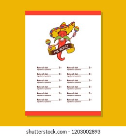 Red chili in a sombrero dancing with maracas. Mexican food. A set of popular Mexican dishes, fast food. Vector illustration. Menu template, logo.