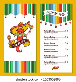 Red chili in a sombrero dancing with maracas. Mexican food. A set of popular Mexican dishes, fast food. Vector illustration. Menu template, logo.