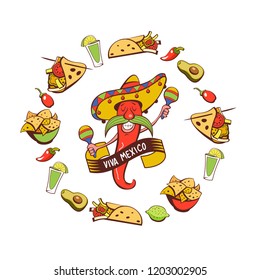 Red chili in a sombrero dancing with maracas. Mexican food. A set of popular Mexican dishes, fast food. Vector illustration. Menu template, logo.