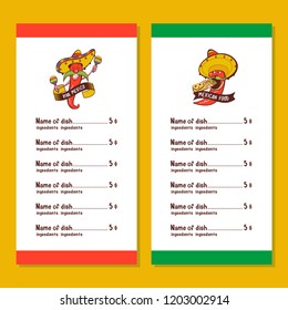 Red chili in a sombrero dancing with maracas. Mexican food. A set of popular Mexican dishes, fast food. Vector illustration. Menu template, logo.