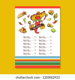 Red chili in a sombrero dancing with maracas. Mexican food. A set of popular Mexican dishes, fast food. Vector illustration. Menu template, logo.