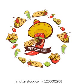 Red chili in a sombrero eating burritos. Mexican food. A set of popular Mexican dishes, fast food. Vector illustration.