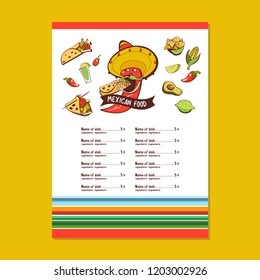 Red chili in a sombrero eating burritos. Mexican food. A set of popular Mexican dishes, fast food. Vector illustration.