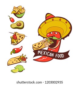 Red chili in a sombrero eating burritos. Mexican food. A set of popular Mexican dishes, fast food. Vector illustration.