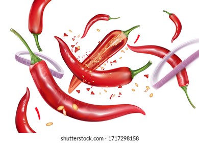 Red chili with chili splashing elements ads isolated on white background, Vector realistic in 3D illustration.