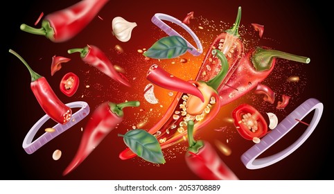 Red chili splashing with chili powder, garlic, onion elements on solid color background. Vector realistic in 3D illustration.