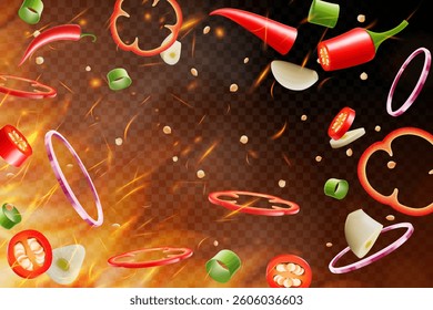 Red chili splashing with chili powder, garlic, onion elements on fire background. Flying and burning vegetables on dark background. Vector realistic in 3D illustration.