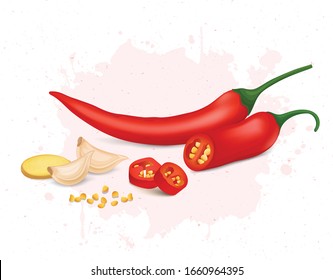 red chili vector illustration with half piece of red chili and garlic cloves