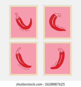 Red Chili Wall photo frames vector set. Pepper frame name collage. Photo Realistic Black Blank Picture Frame, hanging on a Wall from the Front. mockup isolated on transparent background. Graphic style