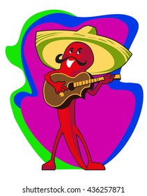 Red chili,chili,chili, pepper in a sombrero plays guitar