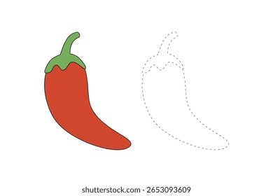 Red Chili colorir páginas para crianças. Trace e cor Red Chili. Red Chili Flashcard para crianças. Atividade divertida colorir Red Chili para jardim de infância e pré-escola.