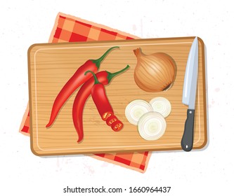 Red chilli and onion vector illustration with wooden chopping board from the top view