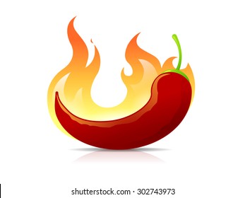 Red Chilli Pepper With Burning Hot Flames Vector Illustration Isolated On White