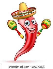 A red chilli pepper cartoon character wearing a Mexican sombrero straw hat and holding maracas shakers 